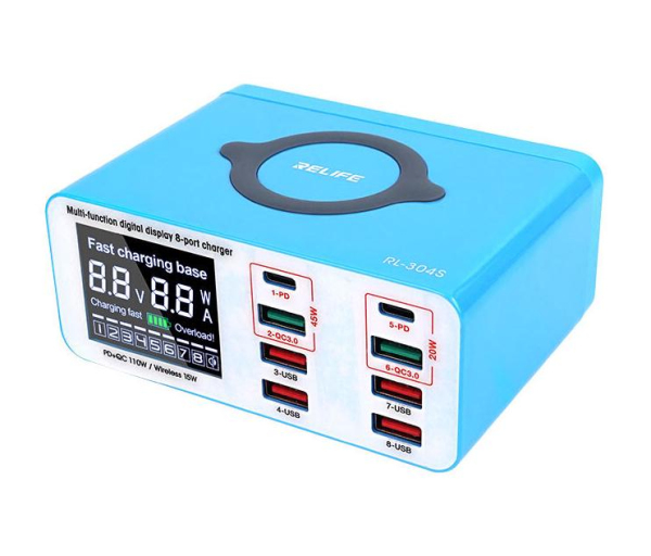 Многопортовое зарядное устройство RELIFE-304S ( fast charger 3.0 ) 8 портов + беспроводная зарядка фото в интернет-магазине 05gsm.ru