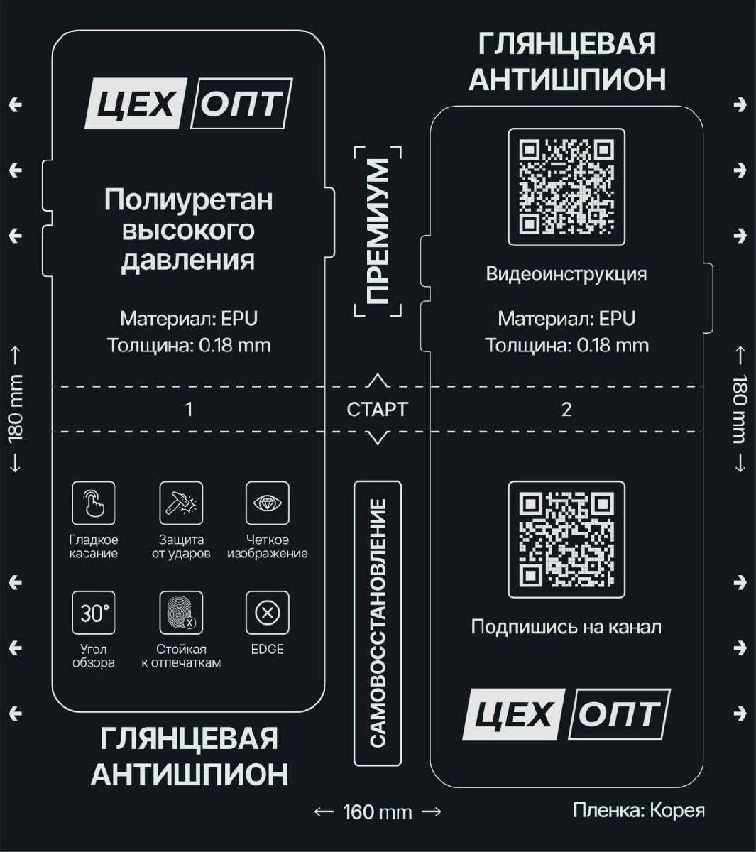 Пленка приватная глянцевая для плоттера ЦехОпт EPU (Антишпион; на 2 выреза; 160x180x0.18 мм)
