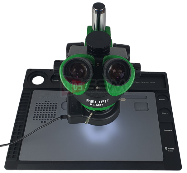 Микроскоп тринокулярный Relife M3T-B1 с черным столом (7-45X; зеленый цвет) фото в интернет-магазине 05gsm.ru