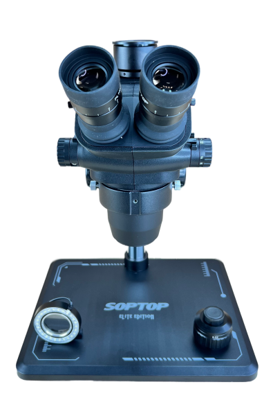Микроскоп SopTop 9 с подсветкой и CTV линзой (Блокируемый тринокуляр; большой стол; чёрный цвет) фото в интернет-магазине 05gsm.ru