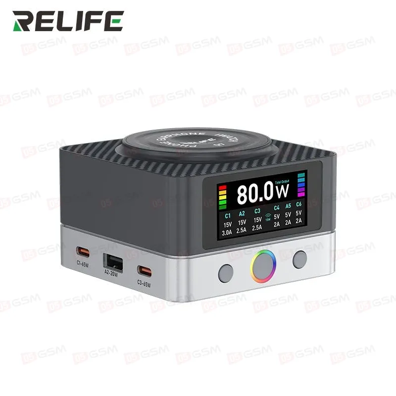 Многопортовое зарядное устройство Relife Q7 (6 портов; 80 Вт; беспроводная зарядка 15 Вт; серый) фото в интернет-магазине 05gsm.ru