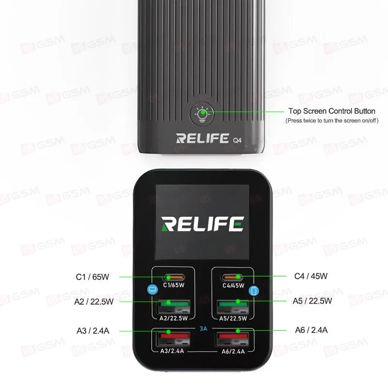 Многопортовое зарядное устройство Relife Q4 (6 портов; 72 Вт; 2 PD; 2 QC 3.0; 2 USB; серый) фото в интернет-магазине 05gsm.ru