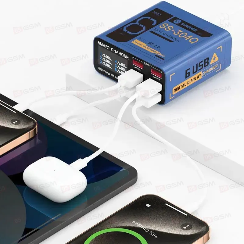 Многопортовое зарядное устройство Sunshine SS-304Q (6 портов; 40 Вт; QC 3.0; синий) фото в интернет-магазине 05gsm.ru