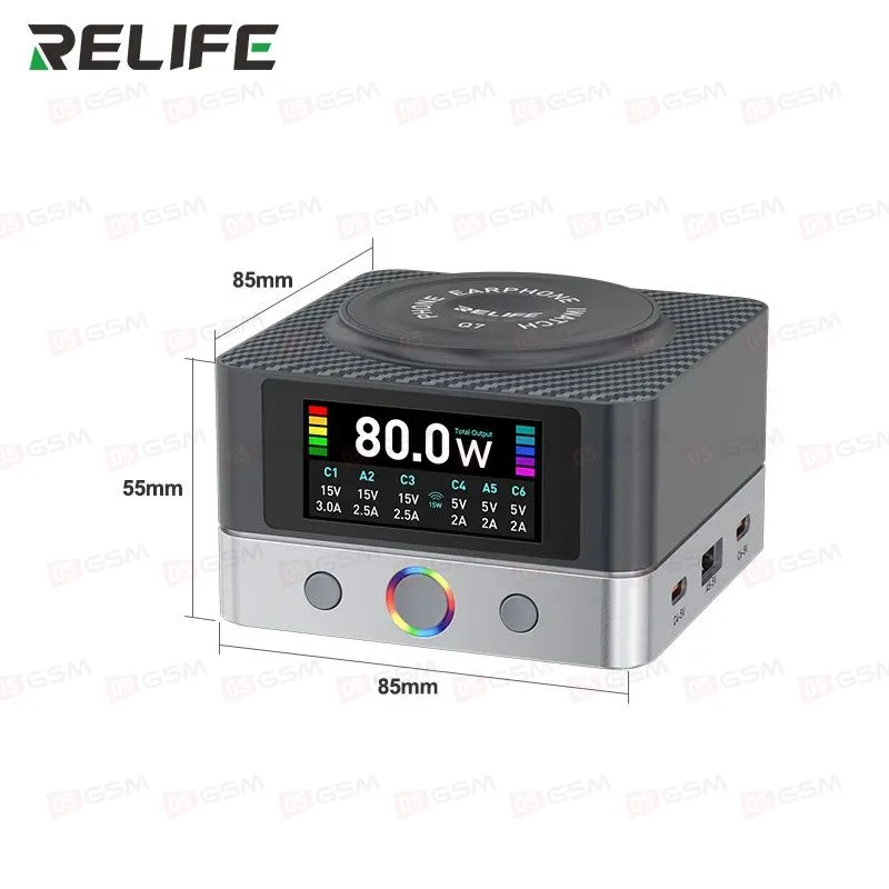 Многопортовое зарядное устройство Relife Q7 (6 портов; 80 Вт; беспроводная зарядка 15 Вт; серый) фото в интернет-магазине 05gsm.ru