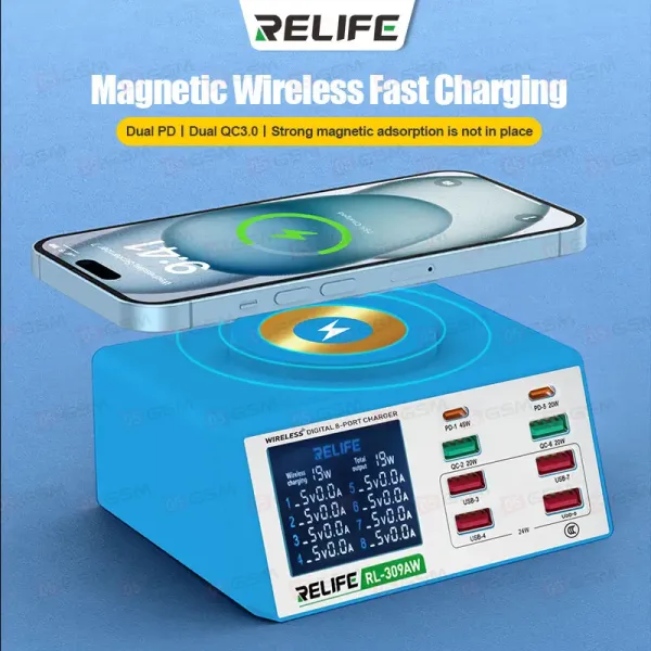Многопортовое зарядное устройство Relife RL-309AW (8 портов; беспроводная зарядка; 100 Вт; QC 3.0) фото в интернет-магазине 05gsm.ru