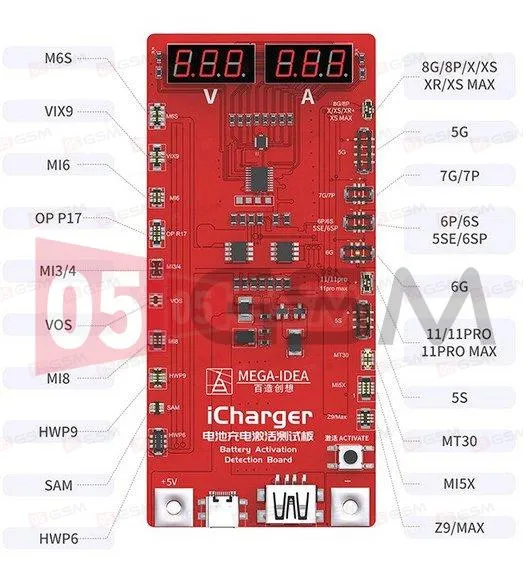 Плата для теста и подзарядки АКБ Mega-Idea iCharger (iPhone/Android) фото в интернет-магазине 05gsm.ru