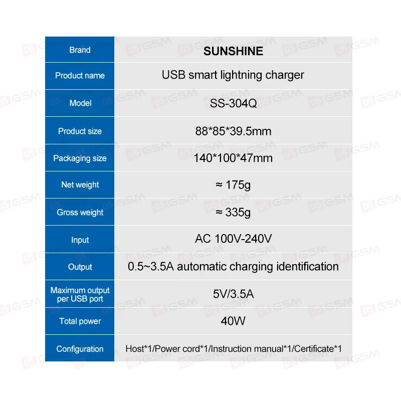 Многопортовое зарядное устройство Sunshine SS-304Q (6 портов; 40 Вт; QC 3.0; серый) фото в интернет-магазине 05gsm.ru
