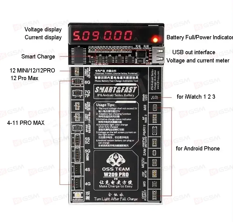 Плата для теста и подзарядки аккумулятора OssTeam W209PRO V8 (iPhone 6-14PM/Android) фото в интернет-магазине 05gsm.ru