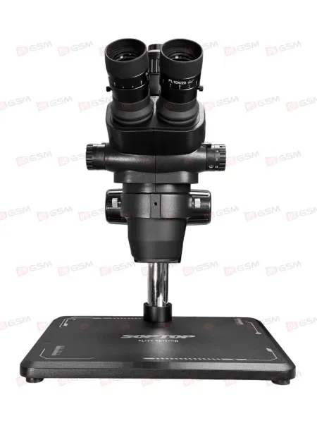 Микроскоп тринокулярный SopTop 9 Elite с подсветкой и линзой (6.7-45X; блокируемый глаз; черный) фото в интернет-магазине 05gsm.ru