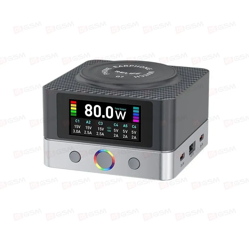 Многопортовое зарядное устройство Relife Q7 (6 портов; 80 Вт; беспроводная зарядка 15 Вт; серый) фото в интернет-магазине 05gsm.ru