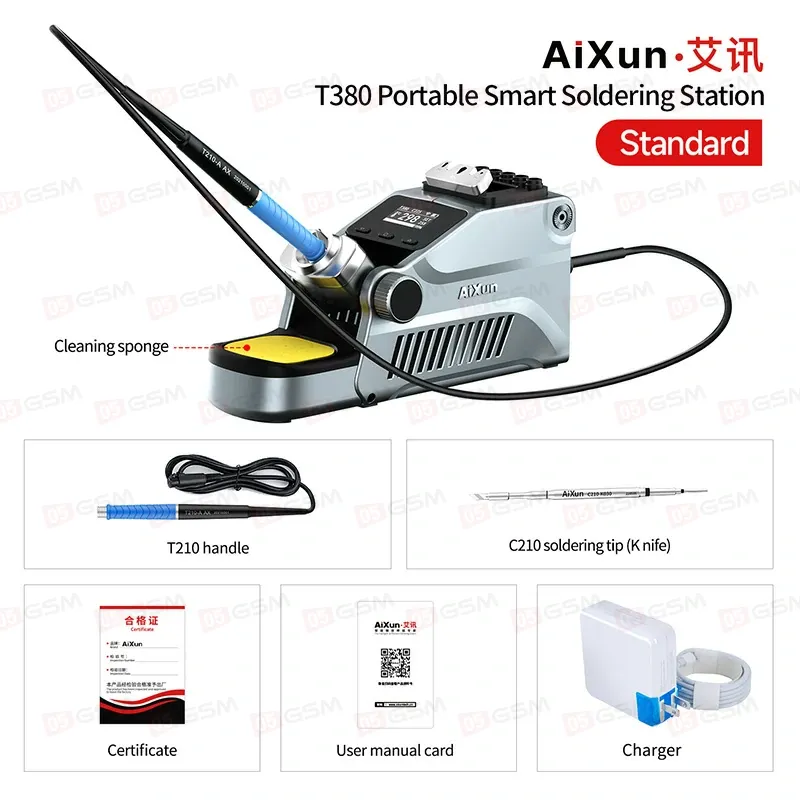 Паяльник портативный с держателем Aixun T380 (Ручка 210 и 1 жало; автономный; с аккумулятором) фото в интернет-магазине 05gsm.ru