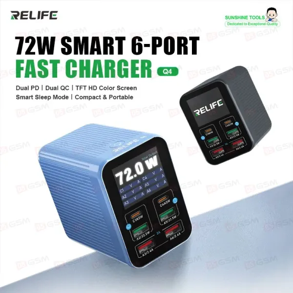 Многопортовое зарядное устройство Relife Q4 (Синий; 6 портов; 72 Вт; 2 PD; 2 QC 3.0; 2 USB) фото в интернет-магазине 05gsm.ru