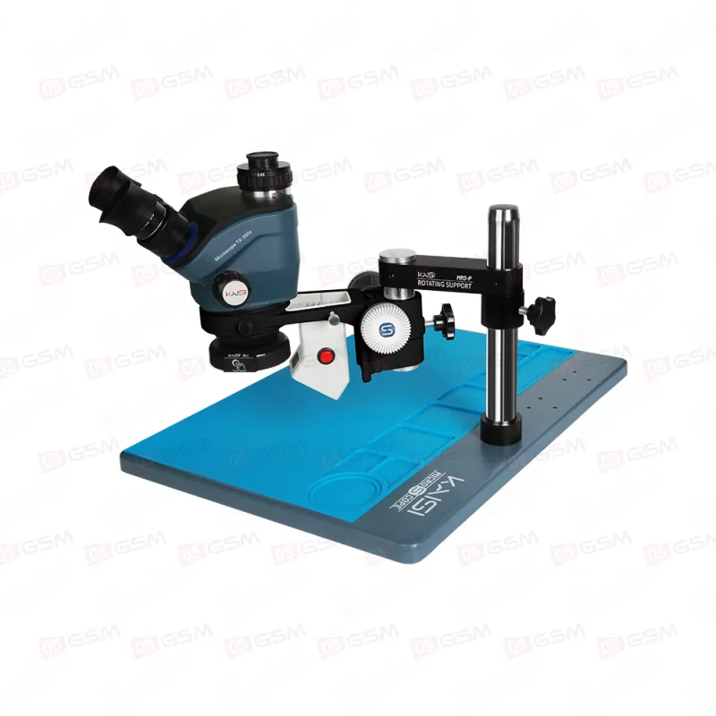 Микроскоп тринокулярный Kaisi TX-350S Plus с вытяжкой и подсветкой (7-50X; большой стол; синий) фото в интернет-магазине 05gsm.ru