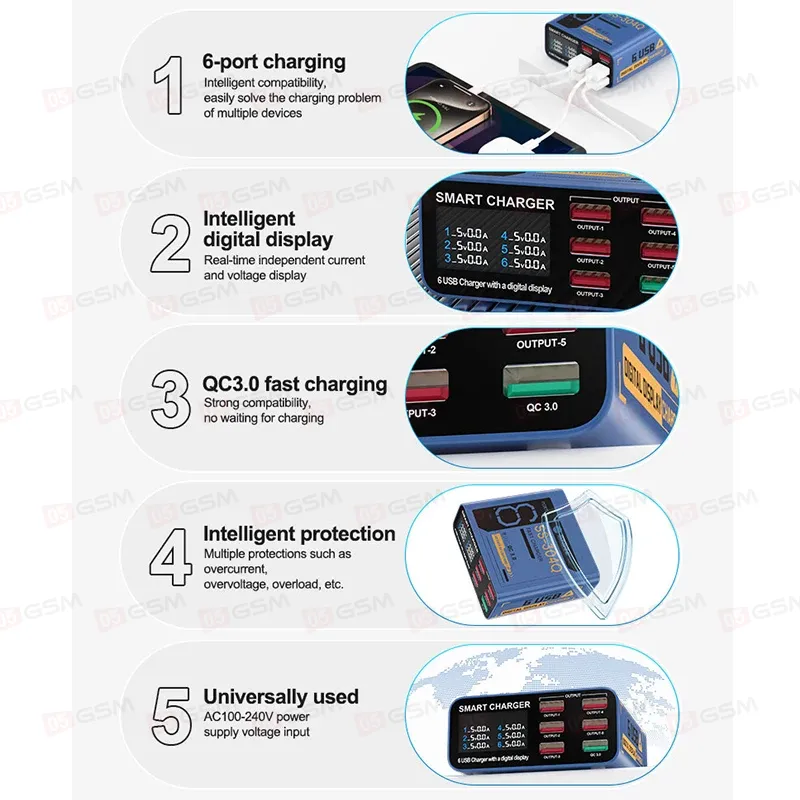 Многопортовое зарядное устройство Sunshine SS-304Q (6 портов; 40 Вт; QC 3.0; серый) фото в интернет-магазине 05gsm.ru