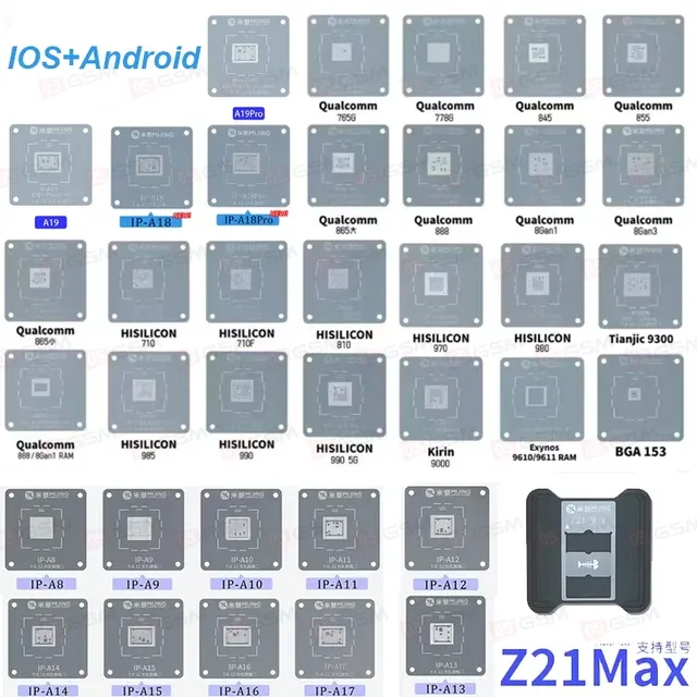 Набор трафаретов для BGA микросхем с держателями Mijing Z21 Max (CPU Apple A8-A19 Pro + Android) фото в интернет-магазине 05gsm.ru
