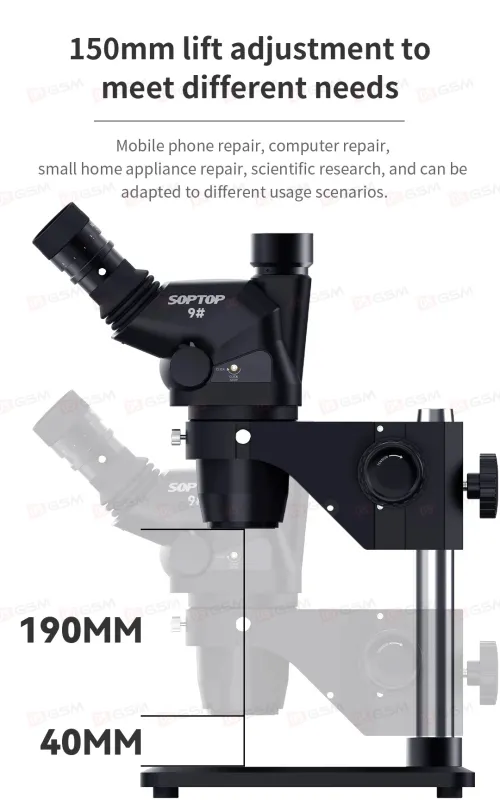 Микроскоп тринокулярный SopTop 9 Elite с подсветкой и линзой (6.7-45X; блокируемый глаз; черный) фото в интернет-магазине 05gsm.ru