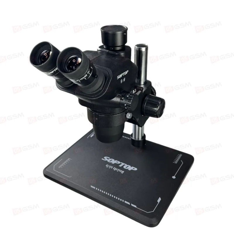 Микроскоп тринокулярный SopTop 9 Elite с подсветкой и линзой (6.7-45X; блокируемый глаз; черный) фото в интернет-магазине 05gsm.ru