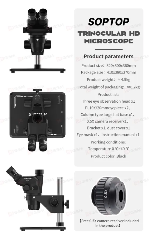 Микроскоп тринокулярный SopTop 9 Elite с подсветкой и линзой (6.7-45X; блокируемый глаз; черный) фото в интернет-магазине 05gsm.ru