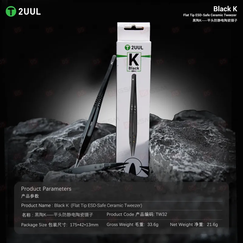 Пинцет прямой 2UUL TW32 Black K (Керамический; антистатический; плоский) фото в интернет-магазине 05gsm.ru