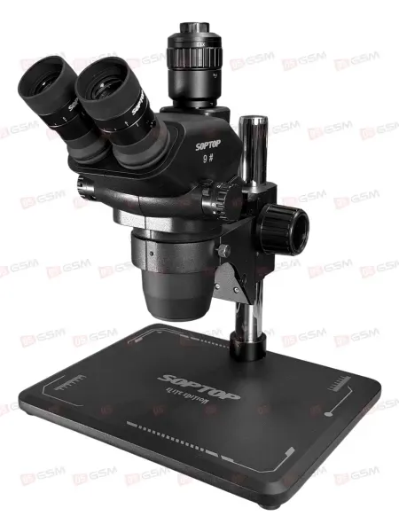 Микроскоп тринокулярный SopTop 9 Elite с подсветкой и линзой (6.7-45X; активный глаз; черный) фото в интернет-магазине 05gsm.ru
