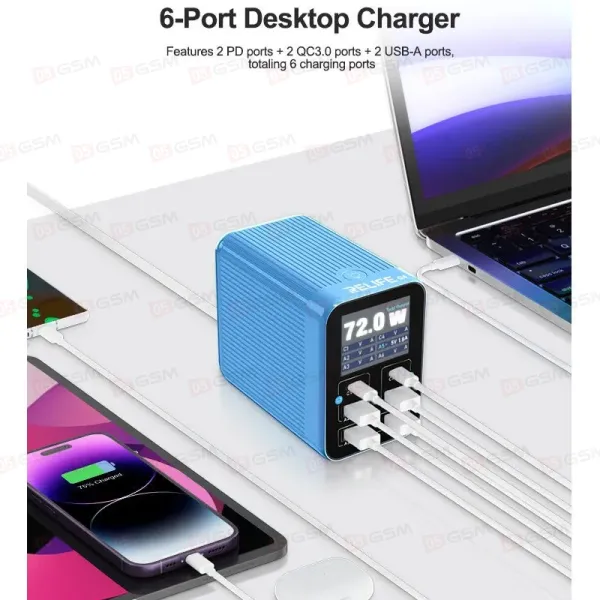 Многопортовое зарядное устройство Relife Q4 (Синий; 6 портов; 72 Вт; 2 PD; 2 QC 3.0; 2 USB) фото в интернет-магазине 05gsm.ru