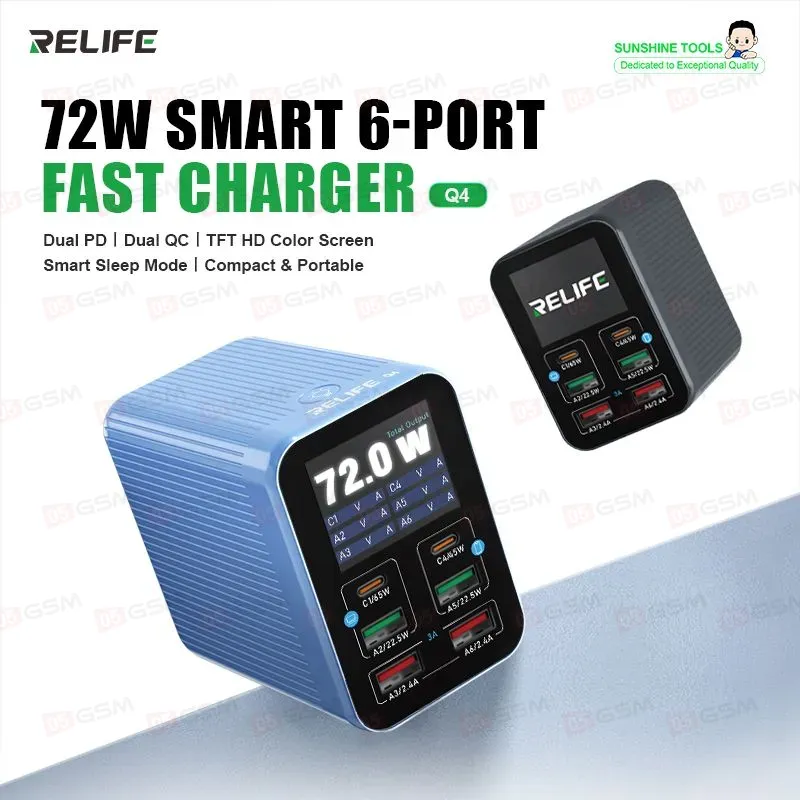 Многопортовое зарядное устройство Relife Q4 (6 портов; 72 Вт; 2 PD; 2 QC 3.0; 2 USB; серый) фото в интернет-магазине 05gsm.ru