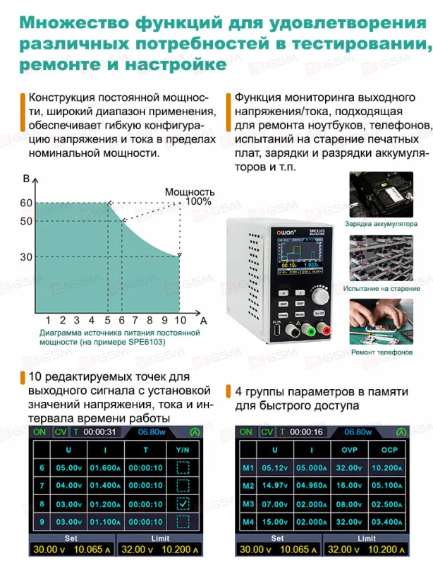 Блок питания Owon SPE3103 (Импульсный; 30 В; 10 А) фото в интернет-магазине 05gsm.ru
