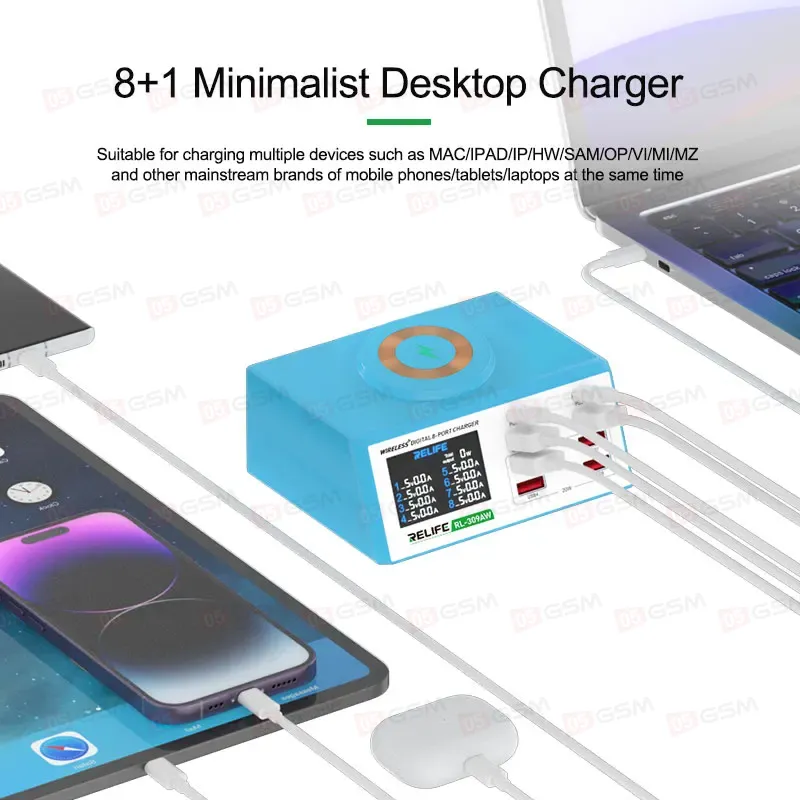 Многопортовое зарядное устройство Relife RL-309AW (8 портов; беспроводная зарядка; 100 Вт; QC 3.0) фото в интернет-магазине 05gsm.ru