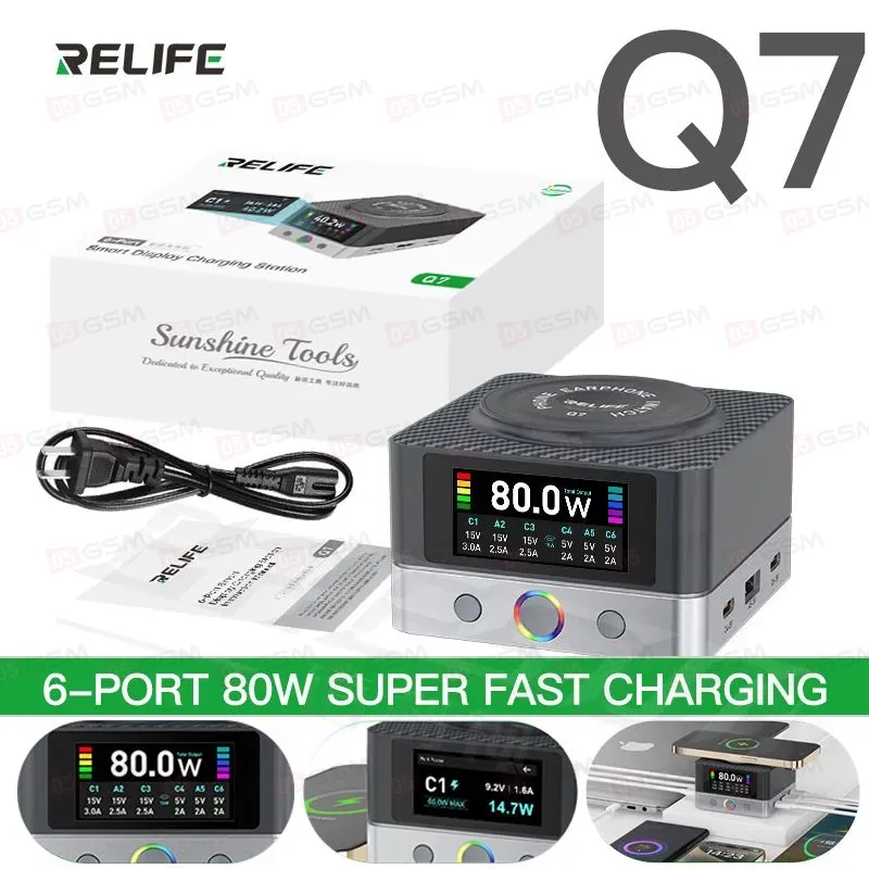 Многопортовое зарядное устройство Relife Q7 (6 портов; 80 Вт; беспроводная зарядка 15 Вт; серый) фото в интернет-магазине 05gsm.ru