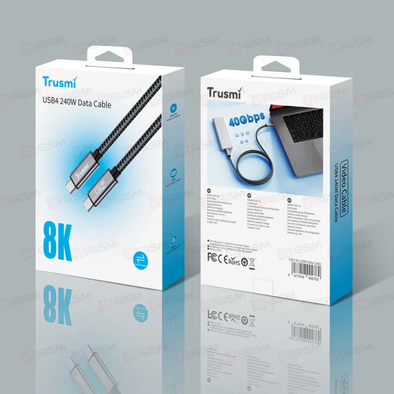 Кабель зарядки Trusmi CA57-01 (Type-C → Type-C; 240W; 1,8 м; в оплетке USB4 черный) фото в интернет-магазине 05gsm.ru