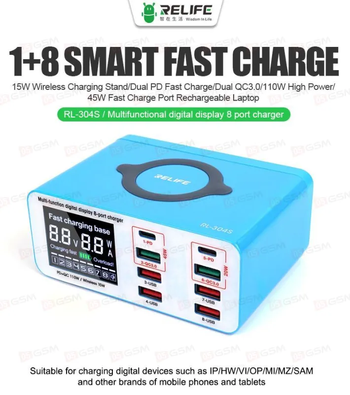 Многопортовое зарядное устройство Relife RL-304S (8 портов; беспроводная зарядка; QC 3.0) фото в интернет-магазине 05gsm.ru
