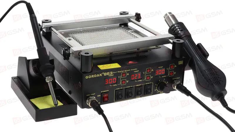 Паяльная станция с термофеном и нижним подогревом Gordak 863 (Керамический) фото в интернет-магазине 05gsm.ru